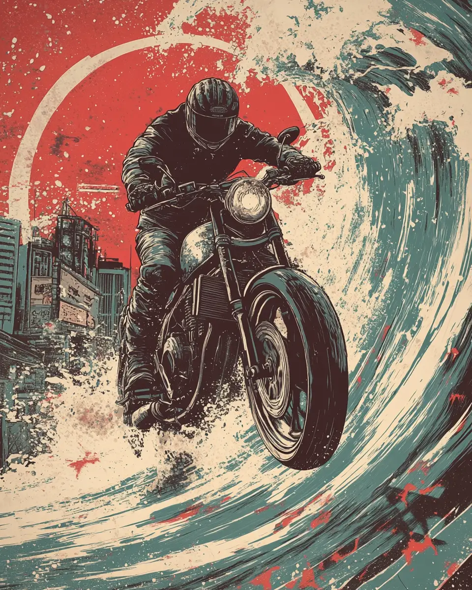 巨型海嘯浪巔上的機車騎士