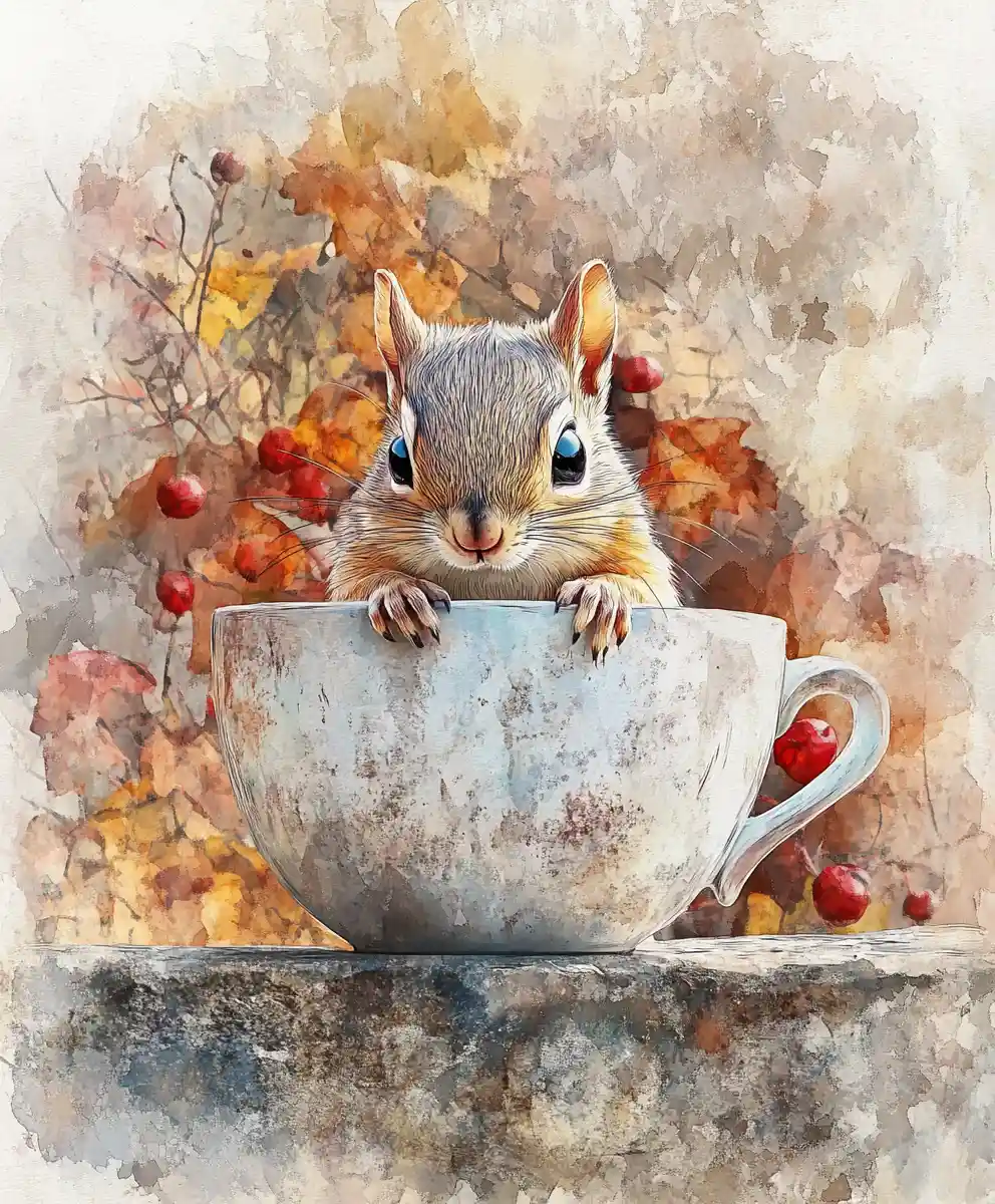 Illustration d’un bébé tamia fantaisiste dans une tasse de thé d’automne