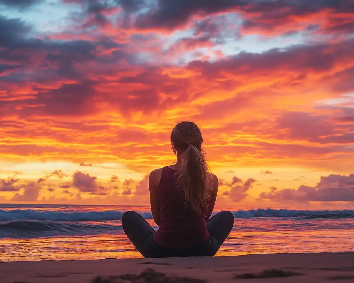 Giovane donna in forma guarda il tramonto su una spiaggia tranquilla