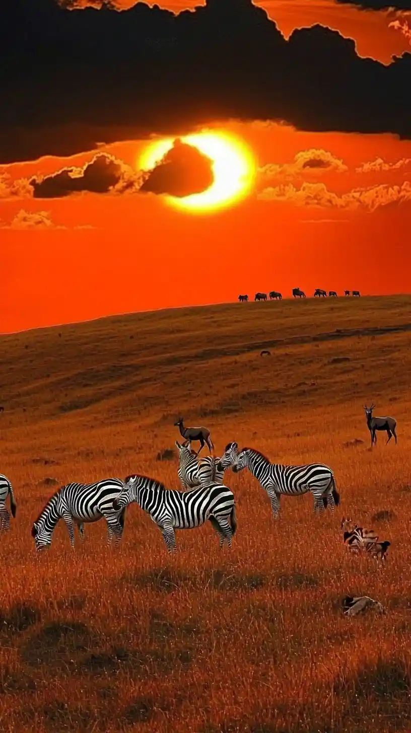 Zebras und Antilopen beim Grasen in der afrikanischen Savanne bei Sonnenuntergang