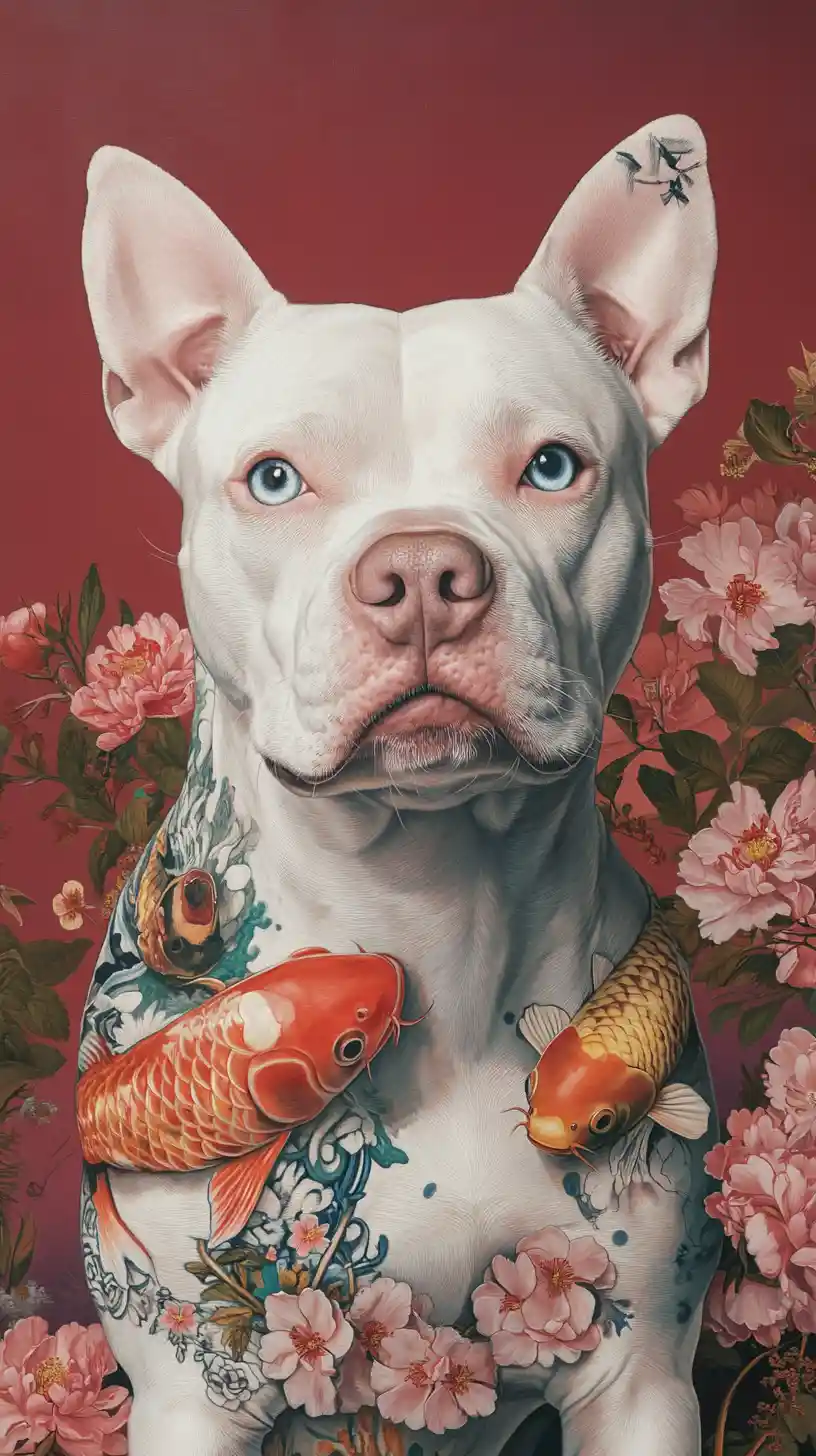 藍眼白色比特犬搭配日本風刺青肖像