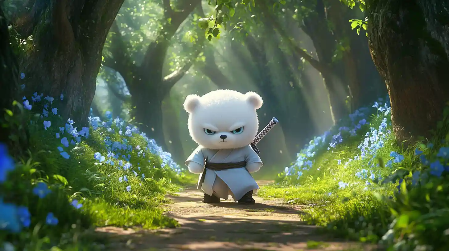 Adorable oso de peluche ninja blanco en un sendero del bosque
