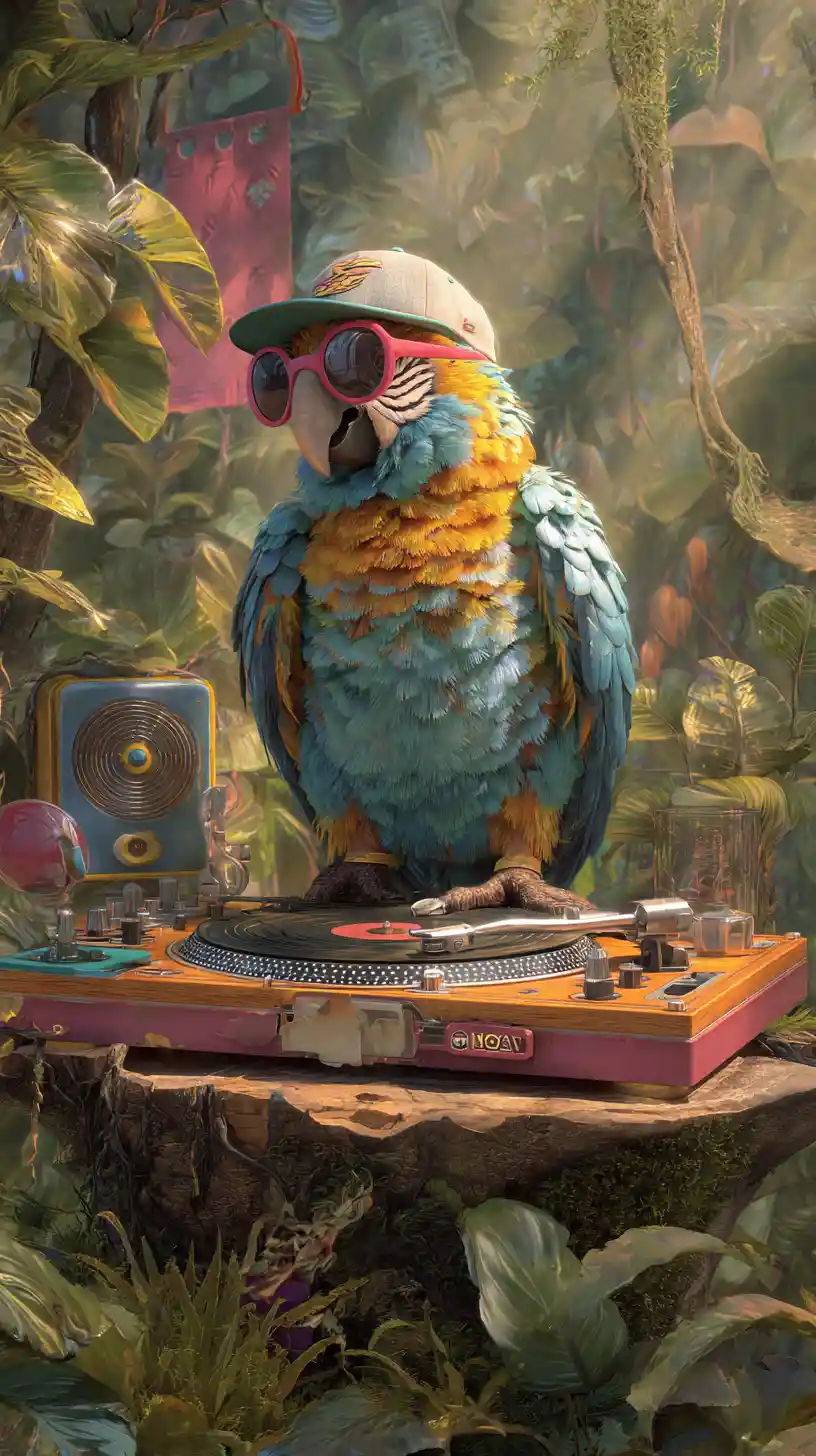 Bunter Papagei-DJ mixt Schallplatten im sonnenbeschienenen Dschungel