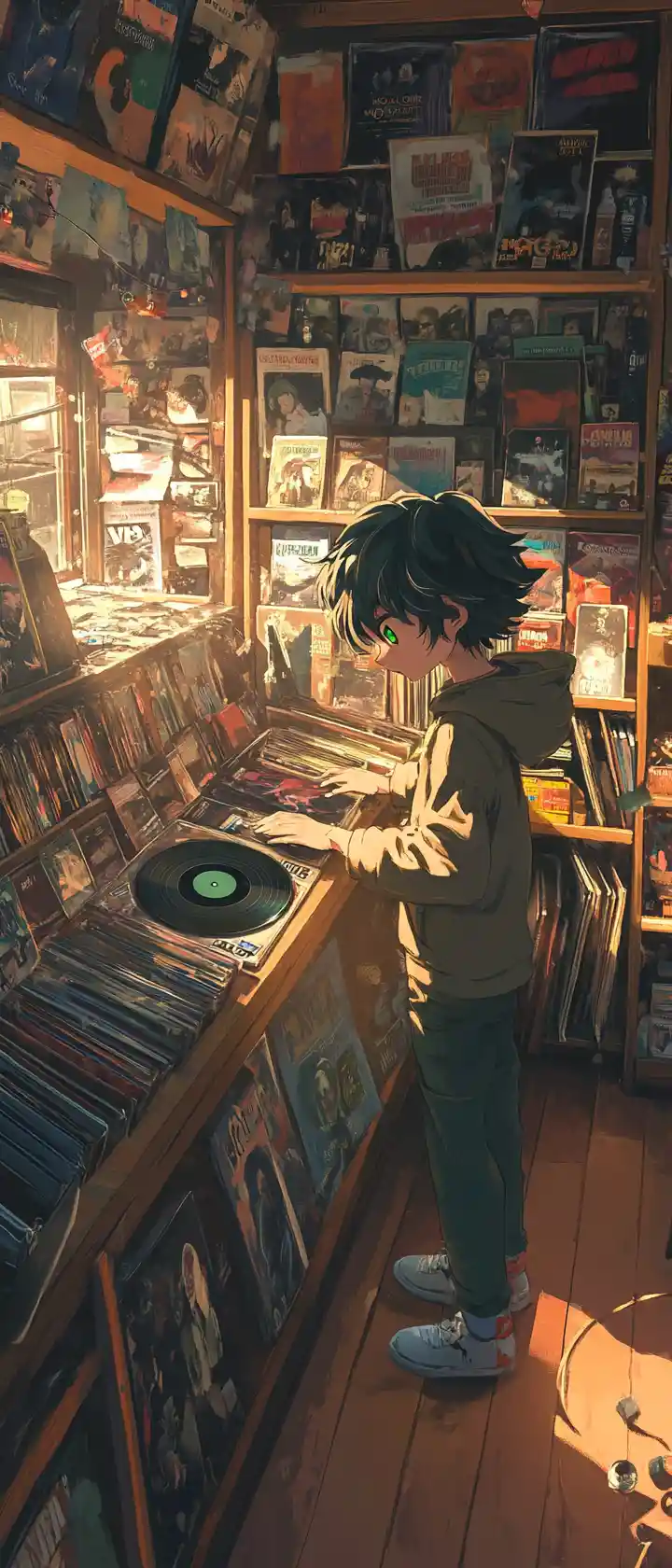 Anime boy spinning vinyl in sunlit vintage record shop
