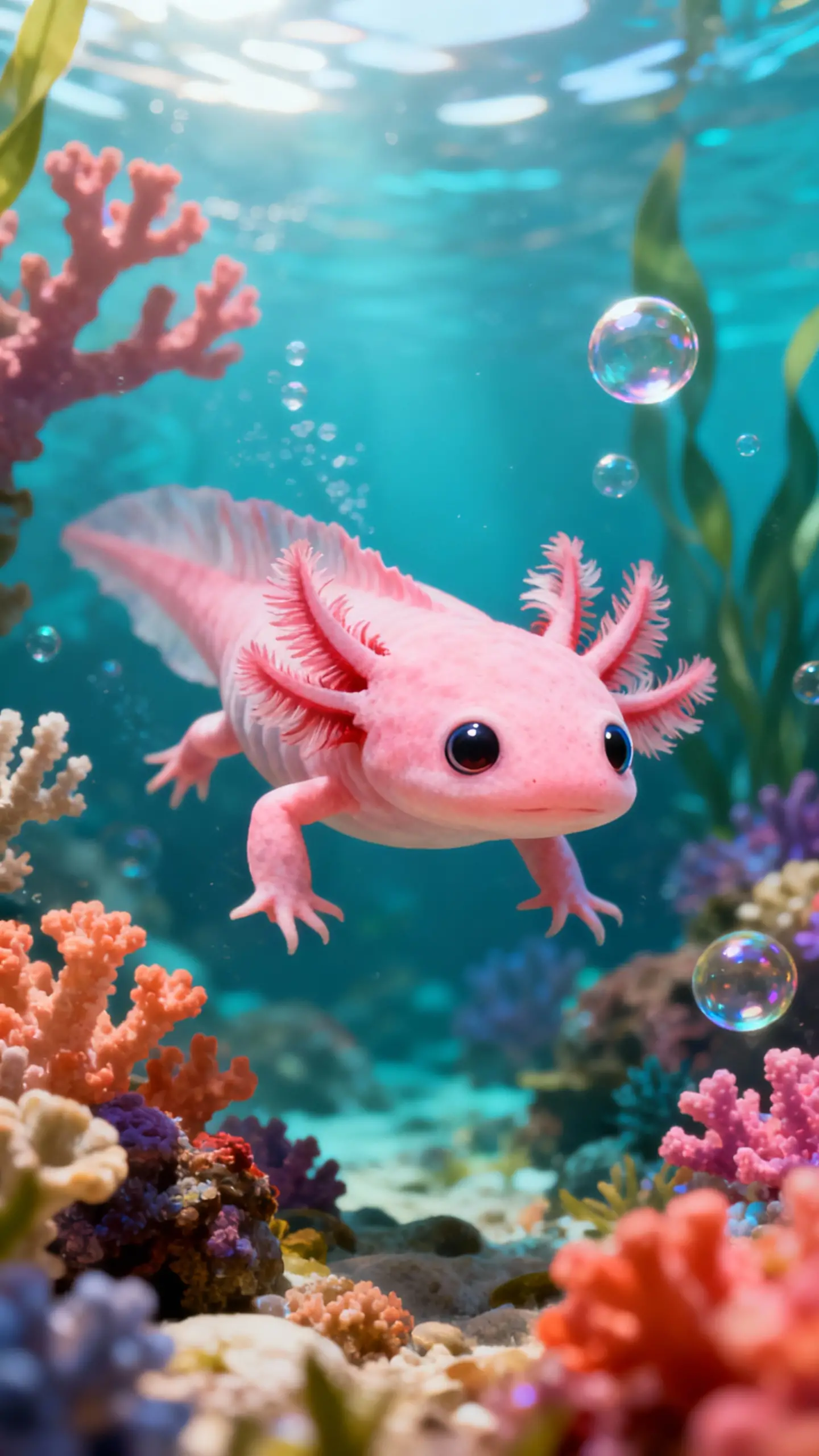 Adorável axolote rosa explorando um recife de coral colorido