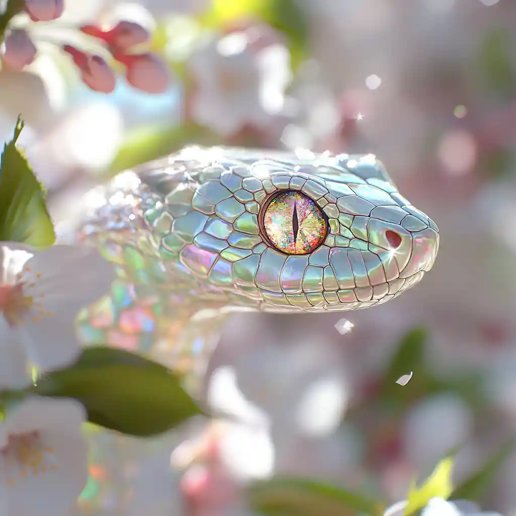 Cobra de vidro hiper-realista entre pétalas de flor de cerejeira