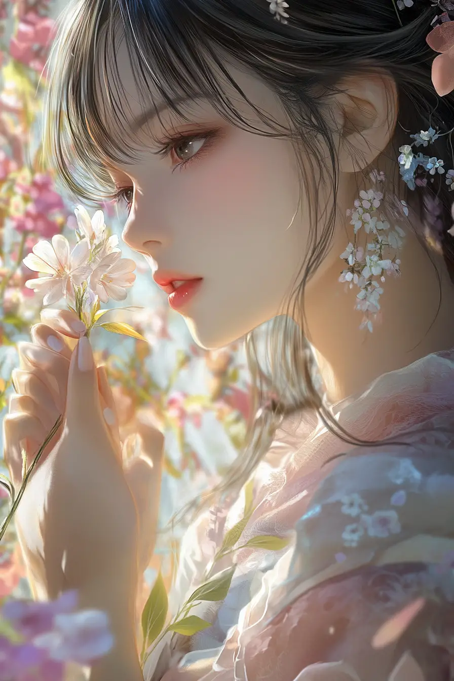 Ritratto di donna in stile anime che tiene in mano un fiore delicato