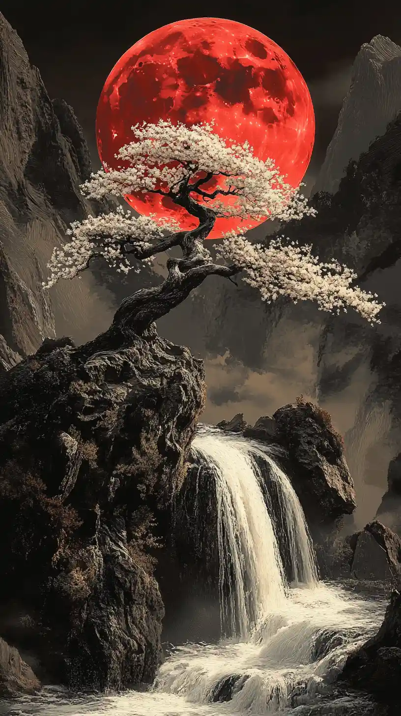 Uralter Kirschbaum mit Blick auf Wasserfall und roten Mond
