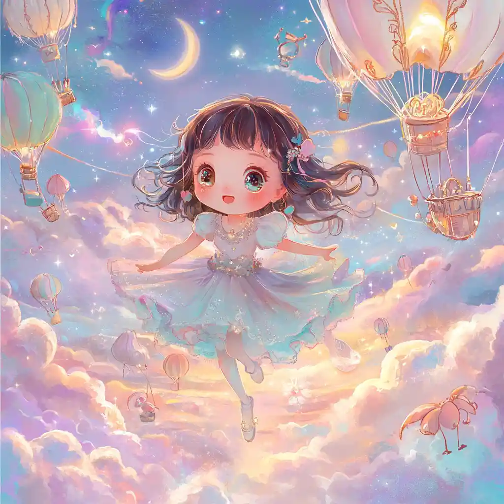 Ragazza chibi che fluttua felice in un cielo pastello da sogno