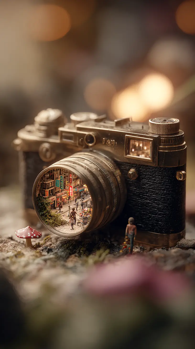Vintage camera lens revealing tiny miniature worlds