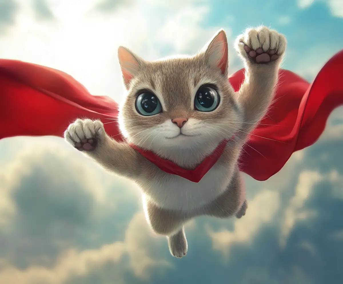 雲の空を赤いマントで飛ぶ猫のスーパーヒーロー