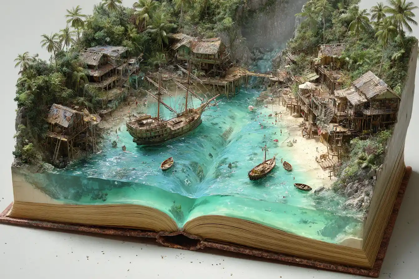 Open book revealing a vivid 3D pirate cove scene