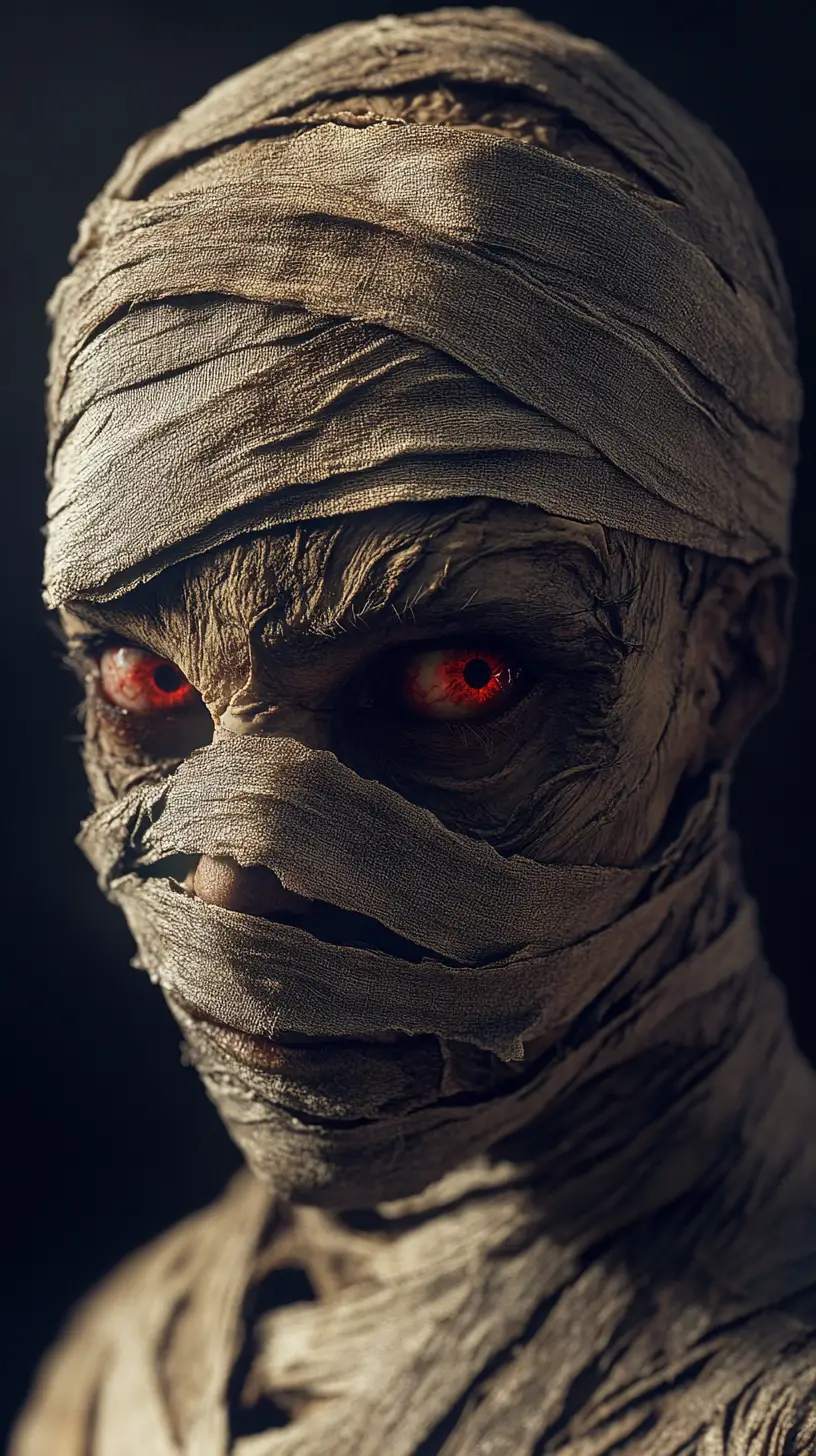 Primer plano cinematográfico de una cabeza de momia con ojos rojos