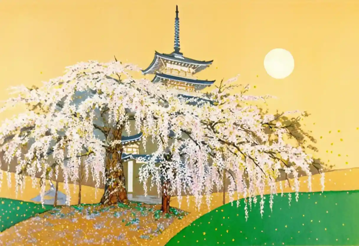 遠處日本寺廟前的櫻花樹