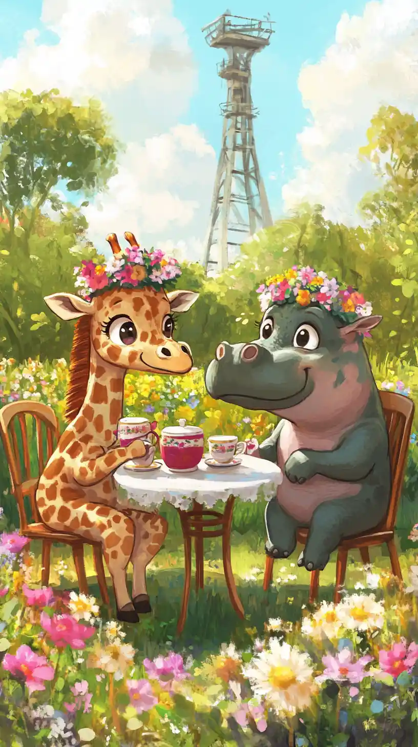 Graziosa giraffa chibi e ippopotamo che prendono il tè in giardino
