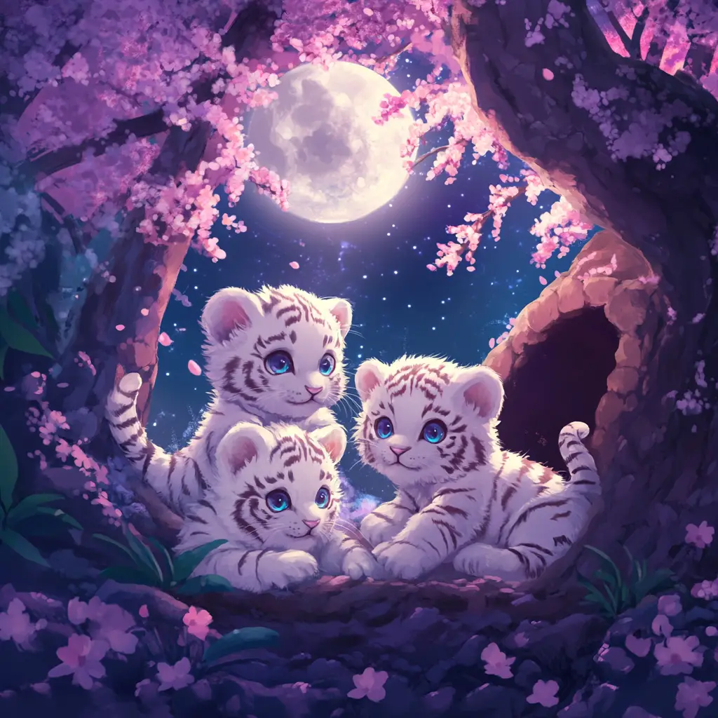 Cuccioli di tigre bianca chibi che giocano al chiaro di luna tra i ciliegi in fiore