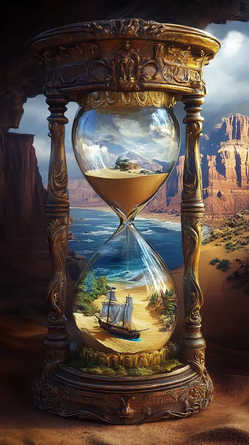 Verziertes Stundenglas in surrealer Wüsten- und Meereslandschaft