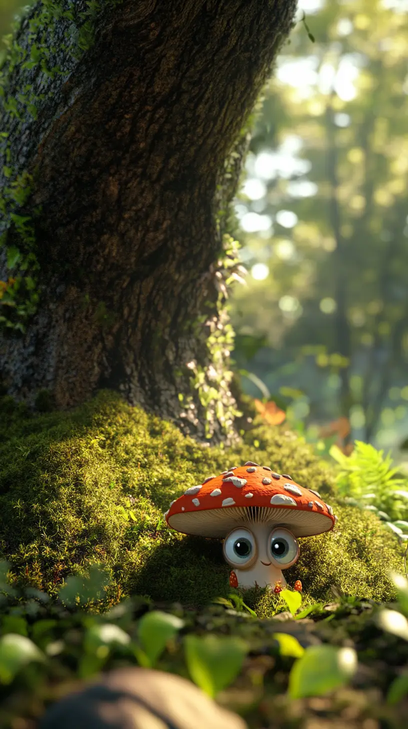 苔むした森の床にある遊び心あふれるカートゥーン風キノコ