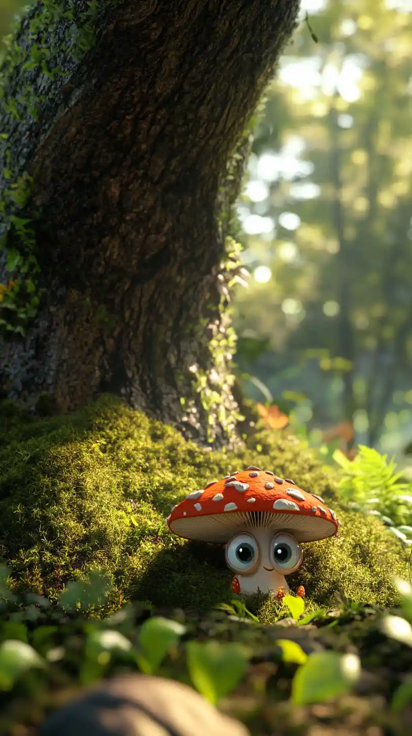 苔むした森の床にある遊び心あふれるカートゥーン風キノコ