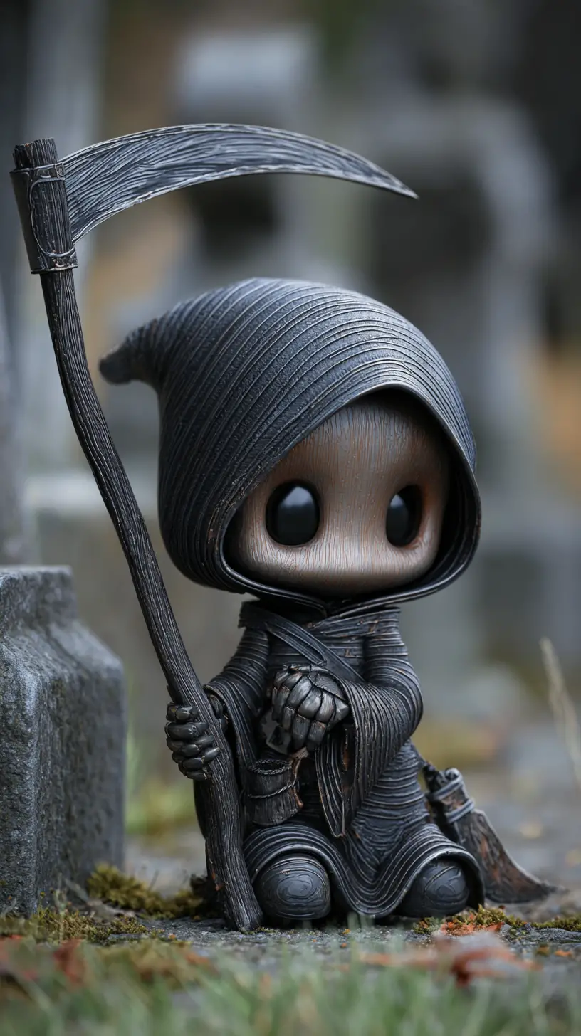 Niedlicher Chibi-Sensenmann in einer detaillierten Friedhofsszene