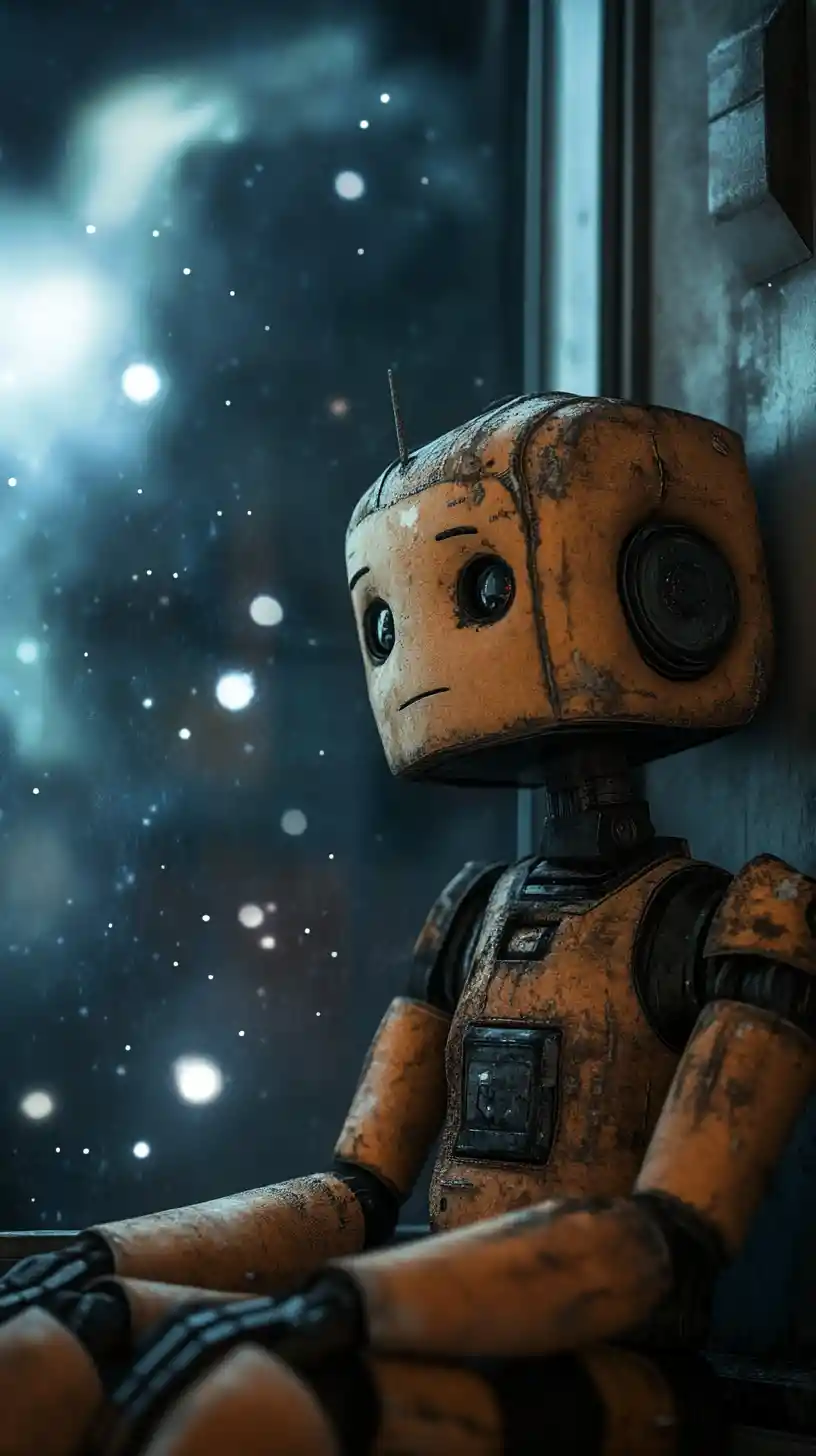 Robot malinconico in una stanza industriale con vista sulla galassia