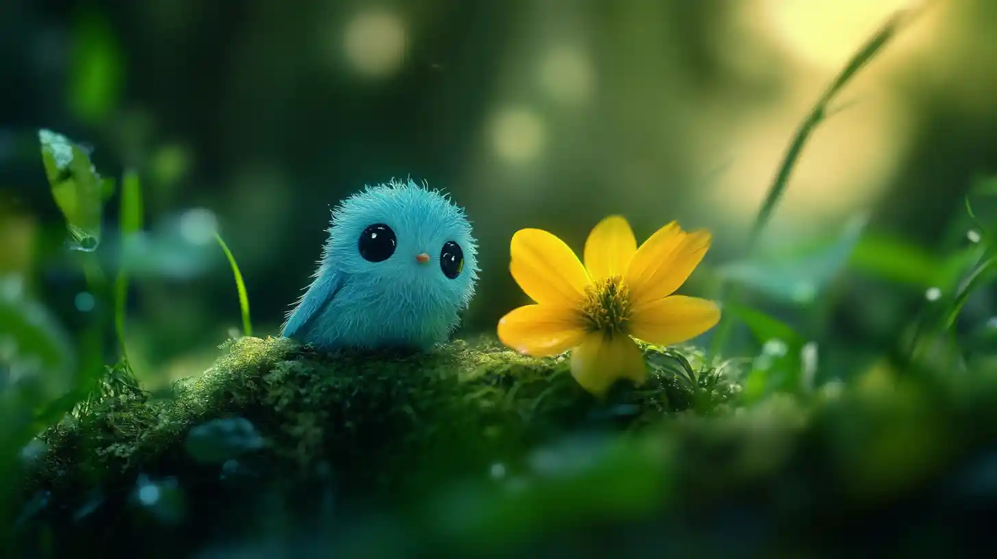 Adorable créature bleue se reposant sous une fleur jaune éclatante