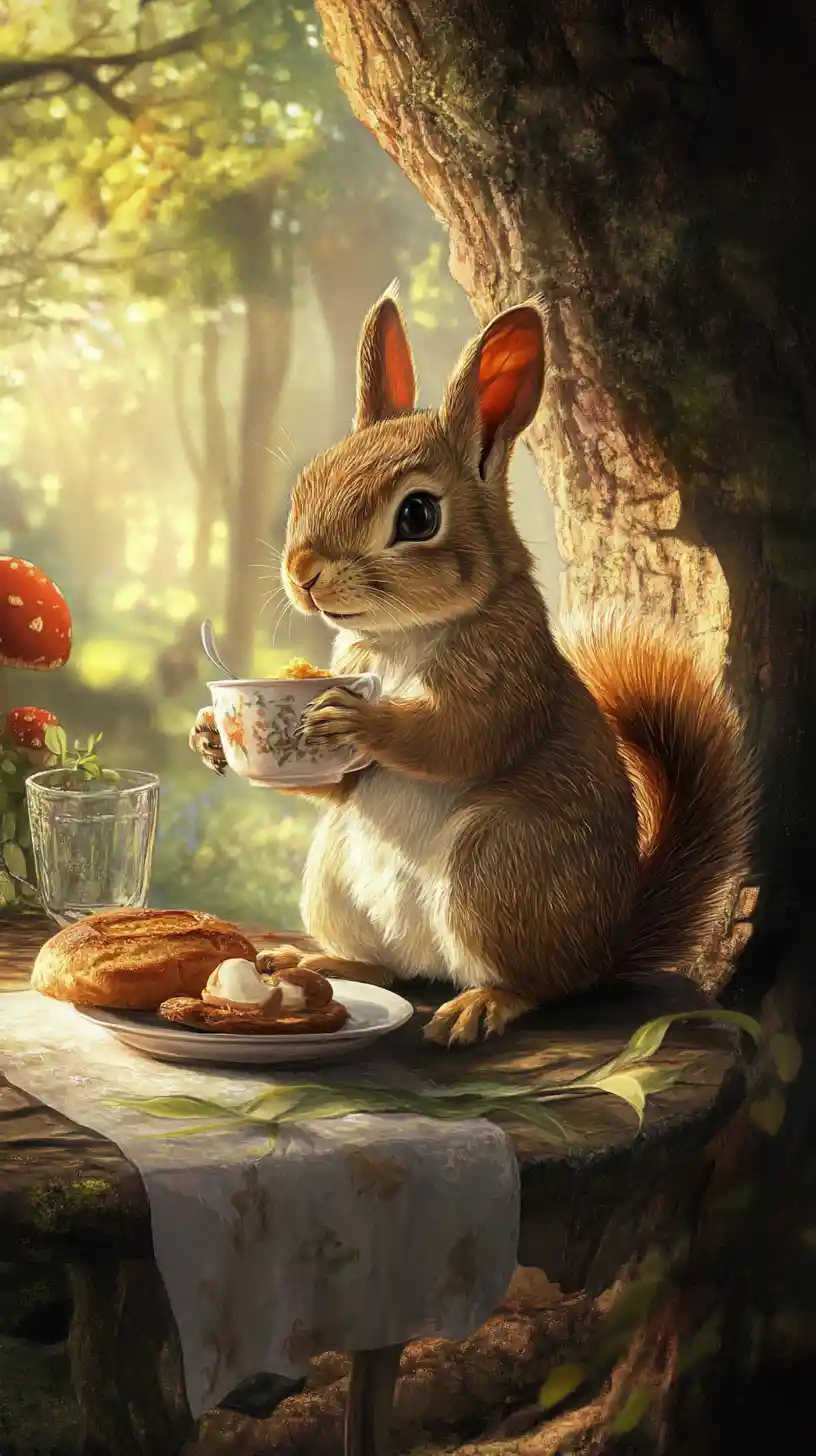 Lapin et écureuil à une table en plein air dans la forêt