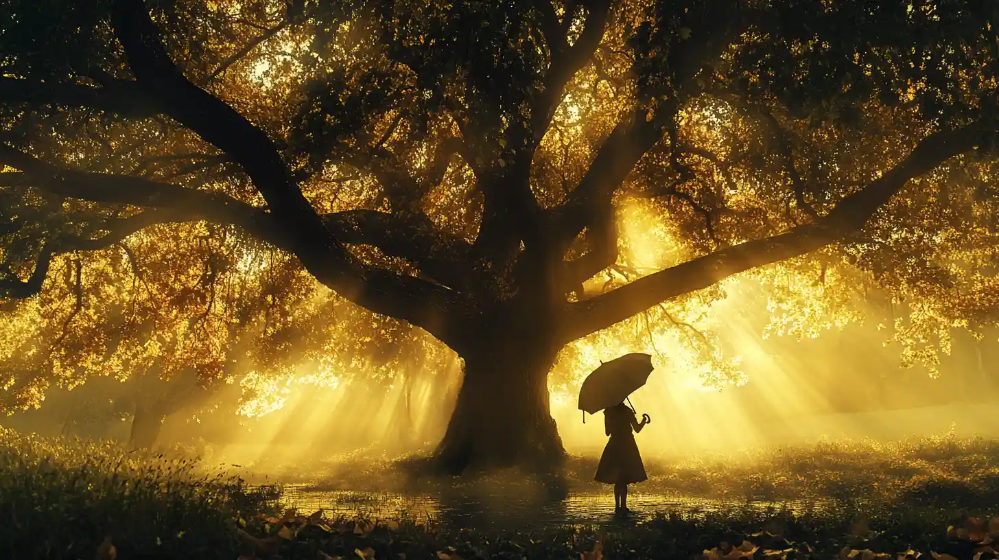 Bambina con ombrello sotto un imponente albero della foresta
