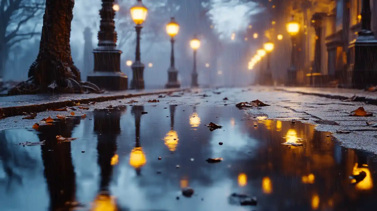 Calle steampunk lluviosa surrealista con reflejos brillantes