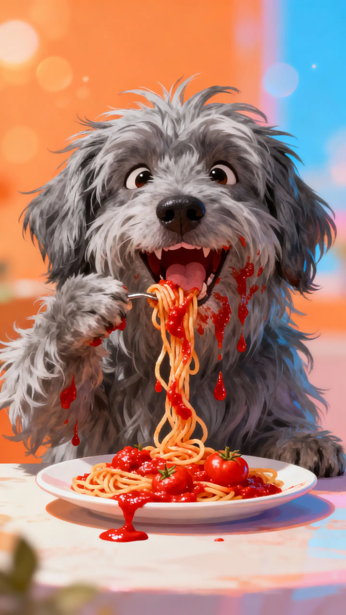 Zottiger grauer Hund isst Spaghetti in digitaler Kunst