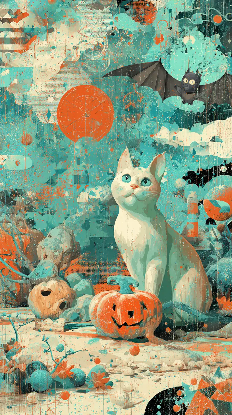 Whimsical Retro Futurism Halloween Cat With Pumpkin And Bat