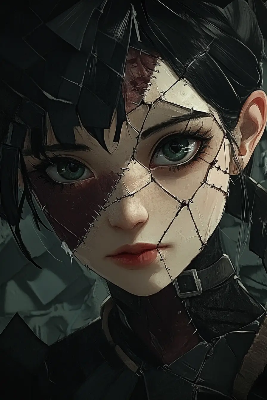 Femme d’anime semi-réaliste à la peau patchwork cousue