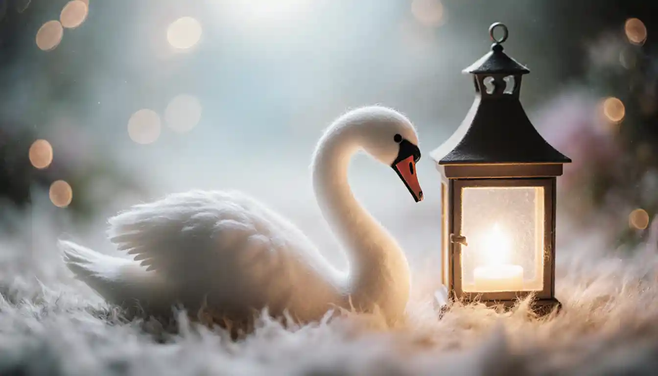 Cygne serein en feutre de laine à côté d’une lanterne lumineuse