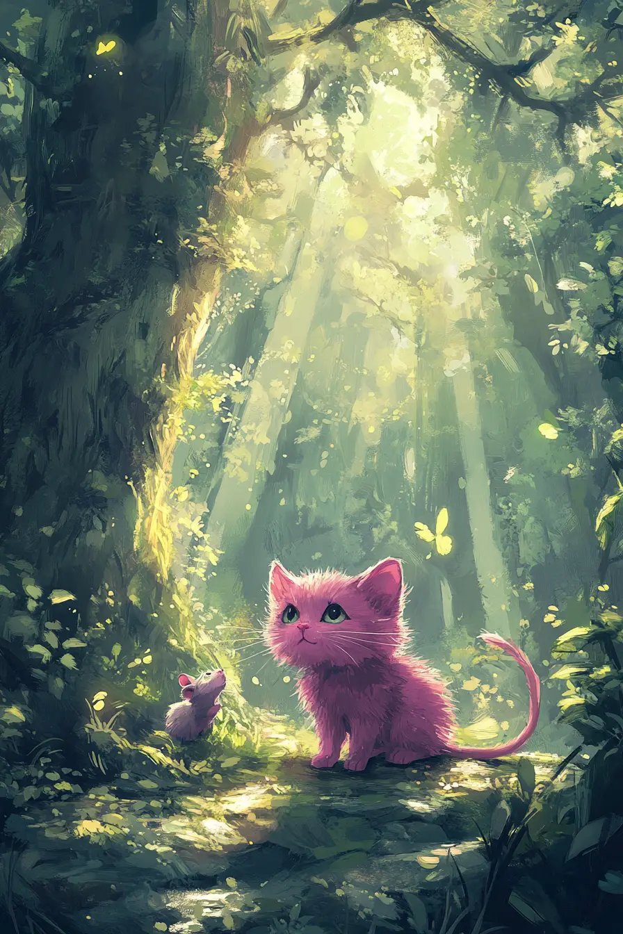 Rosa Kätzchen spielt mit einer Maus im traumhaften Wald