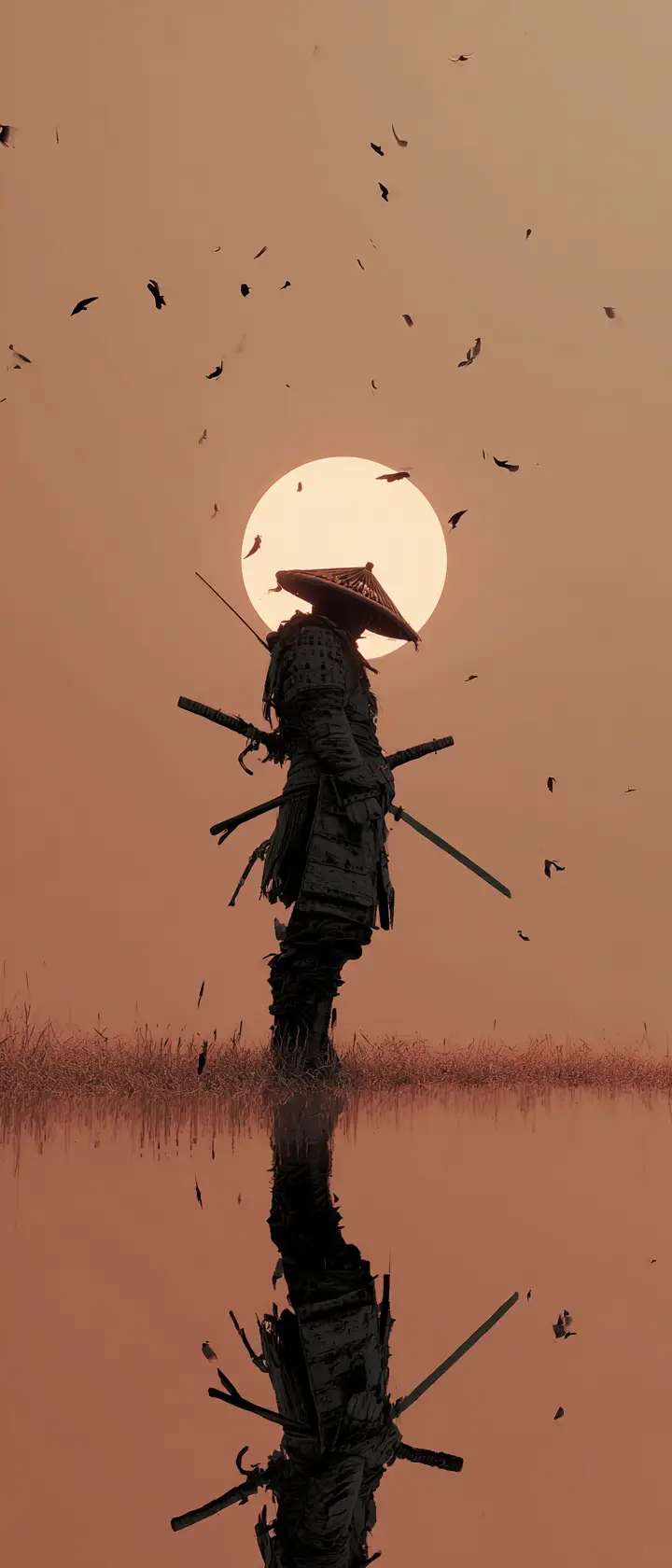 Einsamer gefallener Samurai vor einem verblassenden Abendhimmel