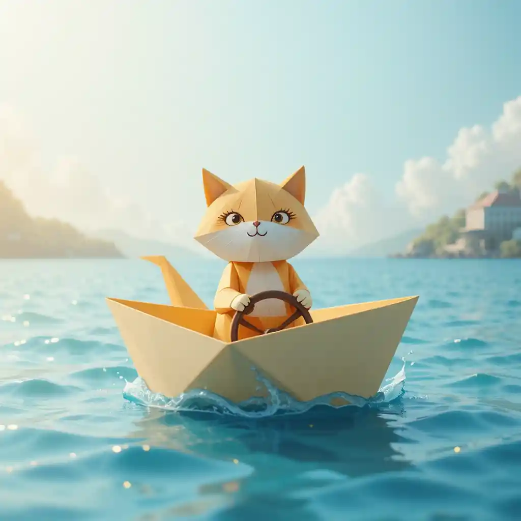 Cheerful origami cat captain sailing a paper boat