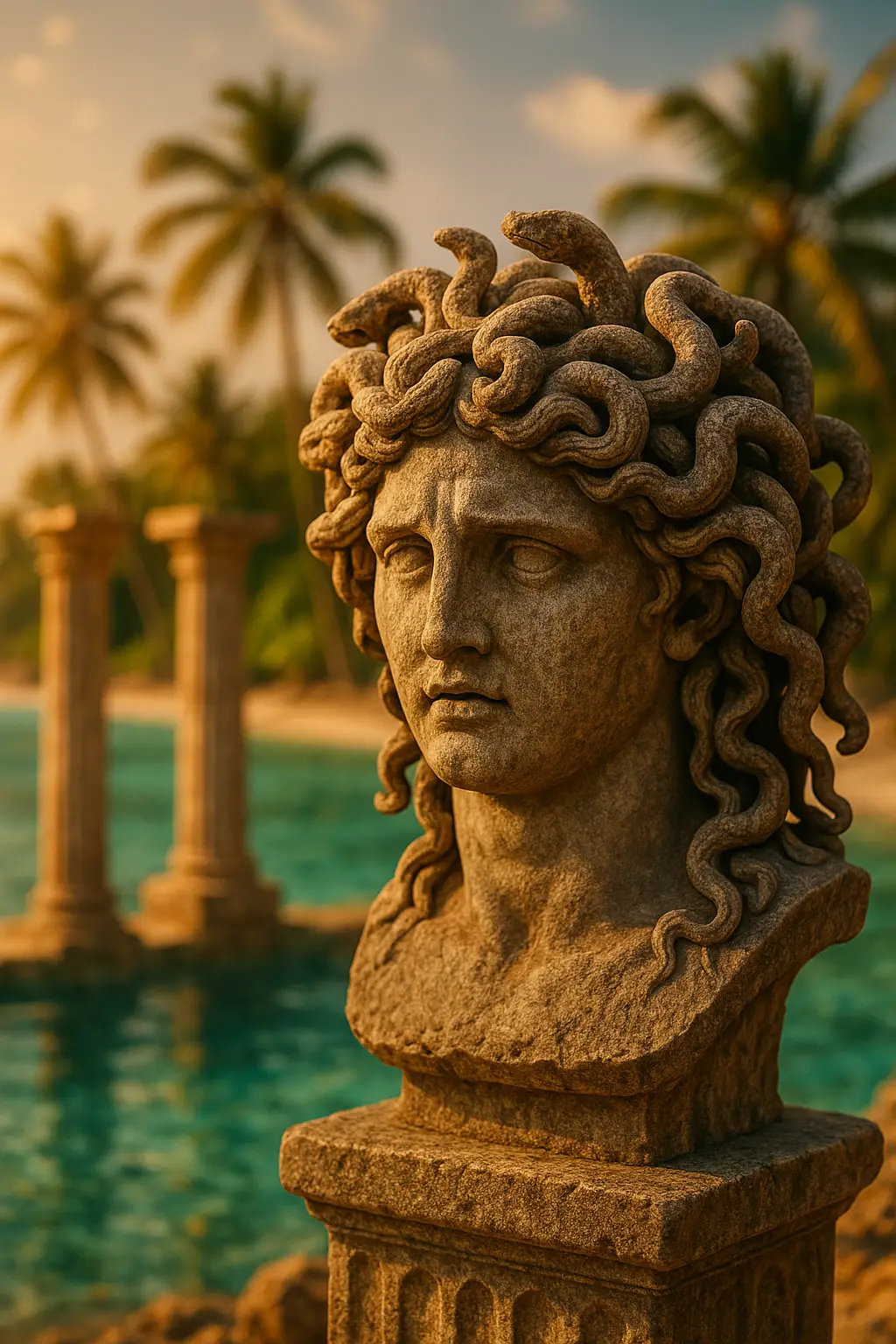 Fantasy greek statue beside tropical beach and pool