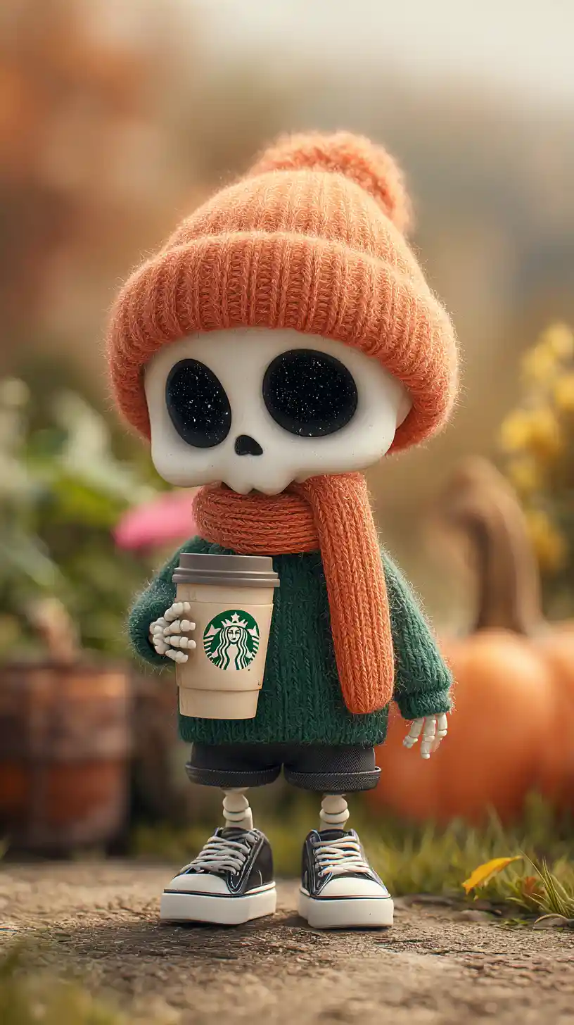 Dolce scheletro chibi con caffè in paesaggio autunnale