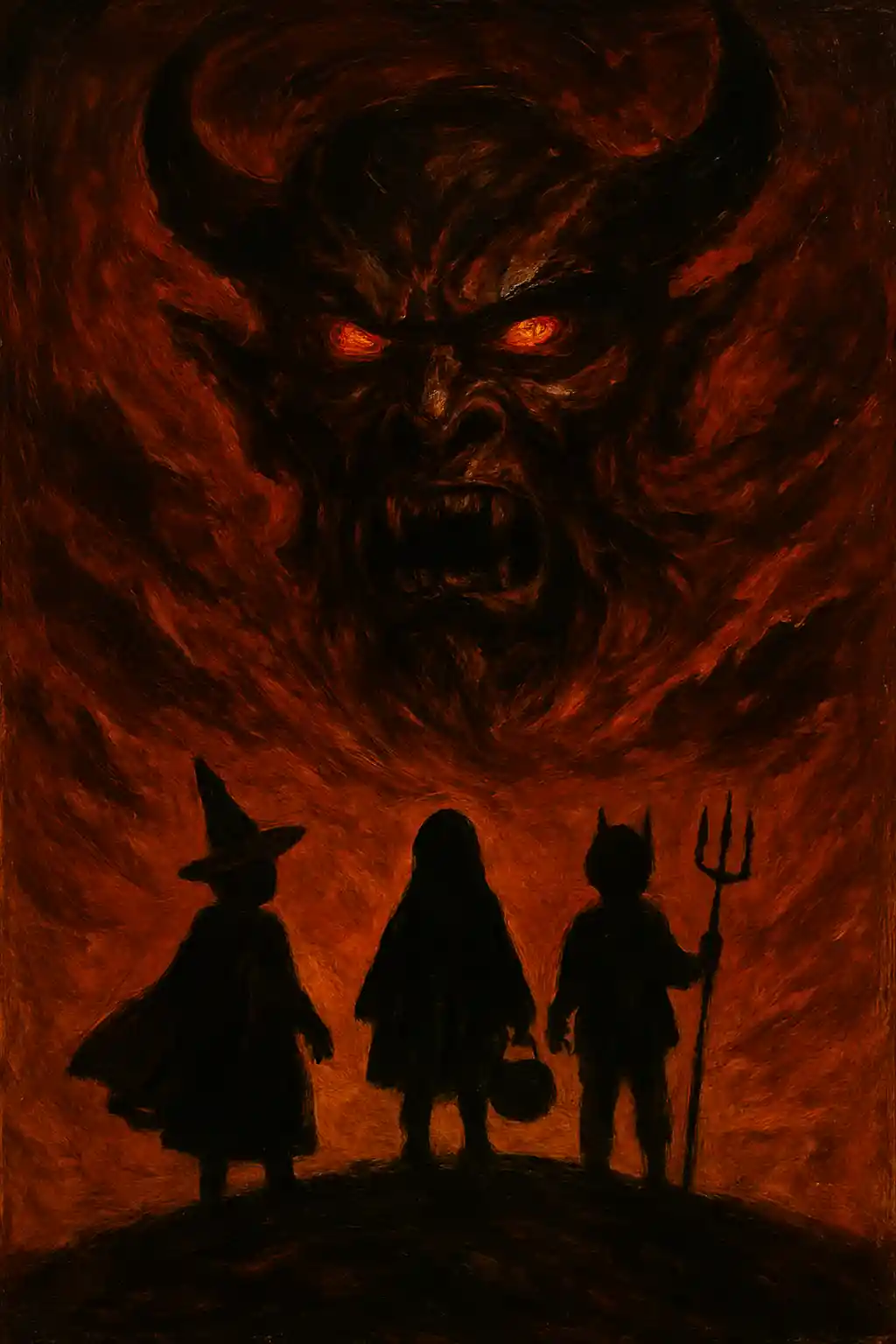 Kinder in Kostümen unter einem dämonischen Halloween-Himmel
