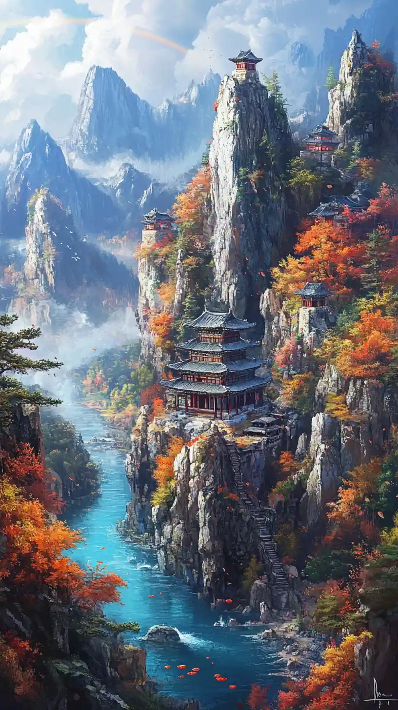 青い川を見下ろす秋の山寺