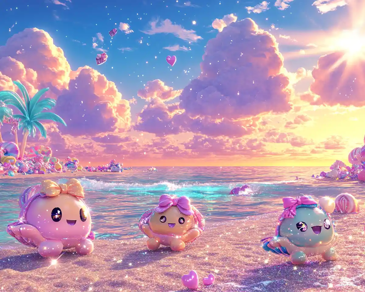 Plage style anime avec adorables tortues de mer au coucher du soleil