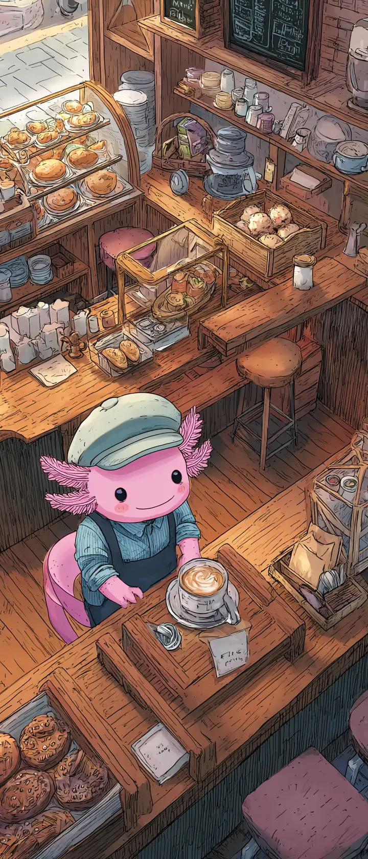 Barista axolote fantasioso em uma cafeteria aconchegante