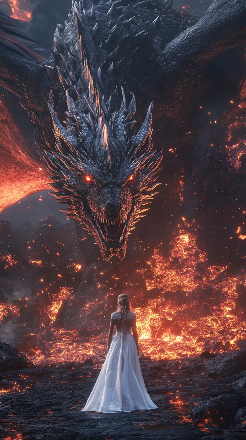 Majestätischer Drache, der sich über eine menschliche Königin erhebt