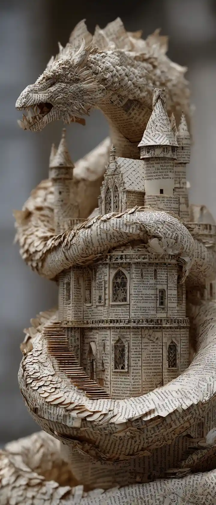 Papiendrachen-Skulptur, die sich um winzige Buchseiten-Burg windet
