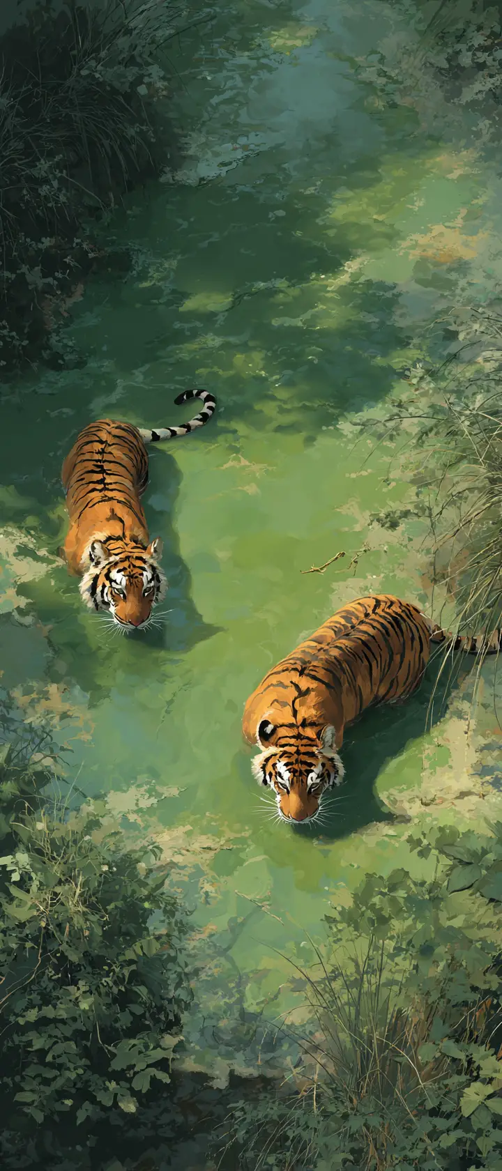Zwei Tiger in einem grünen Becken aus der Vogelperspektive gemalt