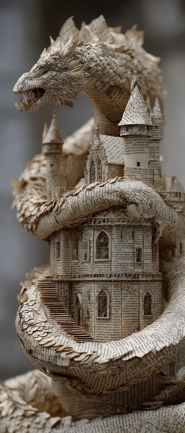 Papiendrachen-Skulptur, die sich um winzige Buchseiten-Burg windet