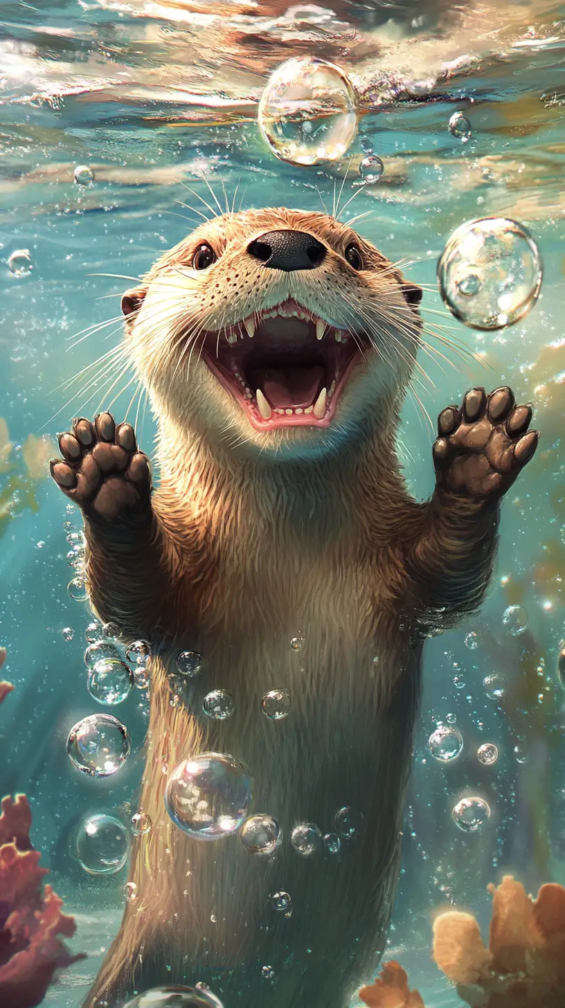 Loutre joyeuse sous l'eau dans une scène illustrée onirique