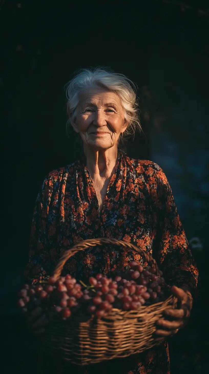 Smiling senior woman with basket of red grapes at sunset