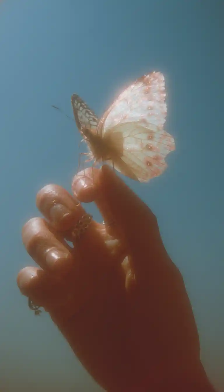 Farfalla bianca che riposa delicatamente su una mano umana