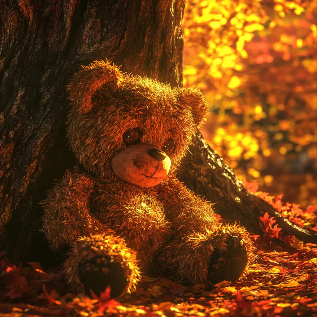 Osito de peluche desgastado junto a un árbol viejo al atardecer